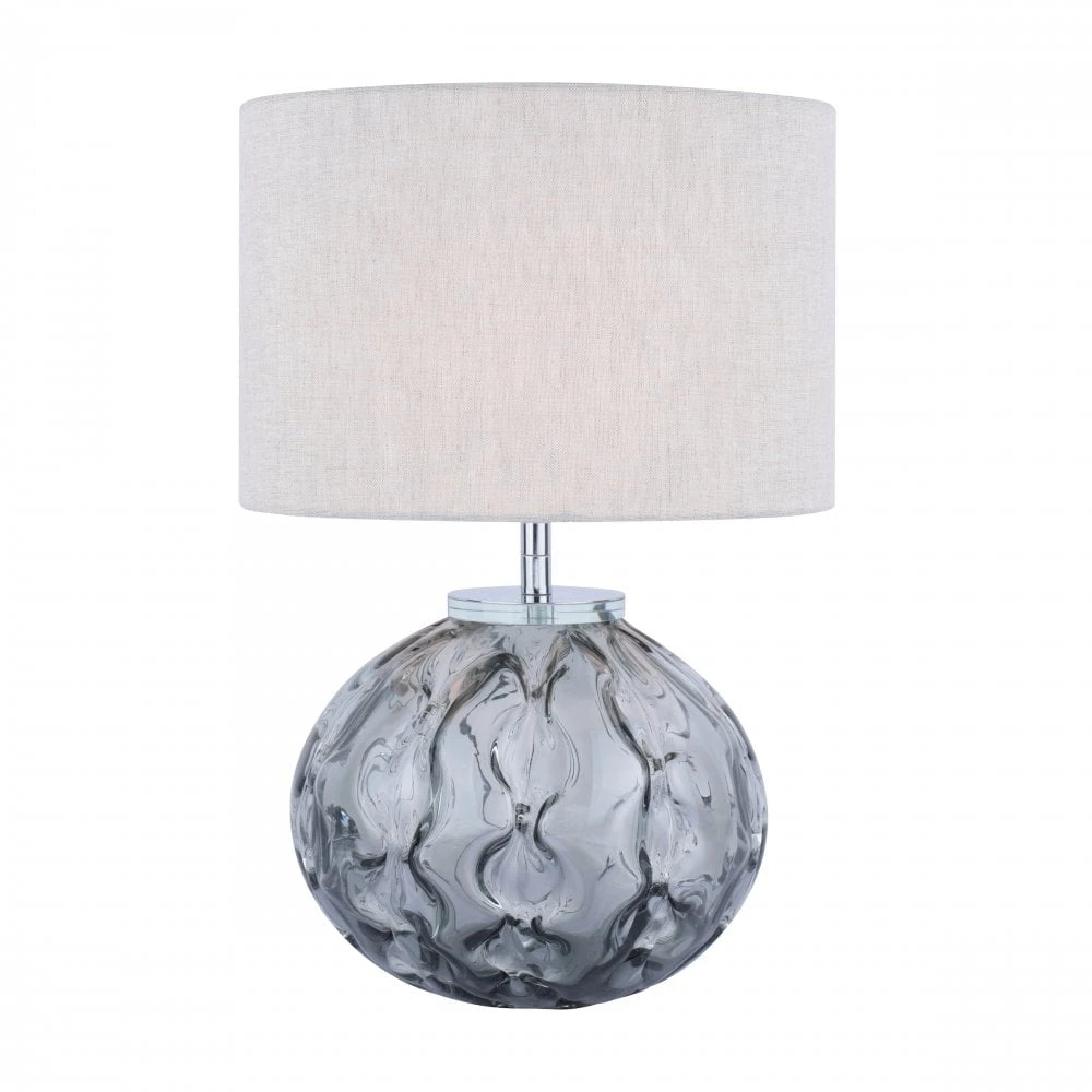 Laura Ashley ELDERDALE Table Lamp Smoked Artisan Glass With Polished Chrome And Pale Grey Drum Shade 1 Laura Ashley ELDERDALE Table Lamp Smoked Artisan Glass With Polished Chrome And Pale Grey Drum Shade