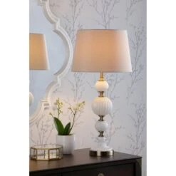 Laura Ashley CROXDEN Table Lamp With White Ribbed Glass & Antique Brass And Ivory Shade -Laura Ashley laura ashley croxden table lamp with white ribbed glass antique brass and ivory shade p24107 44709 image