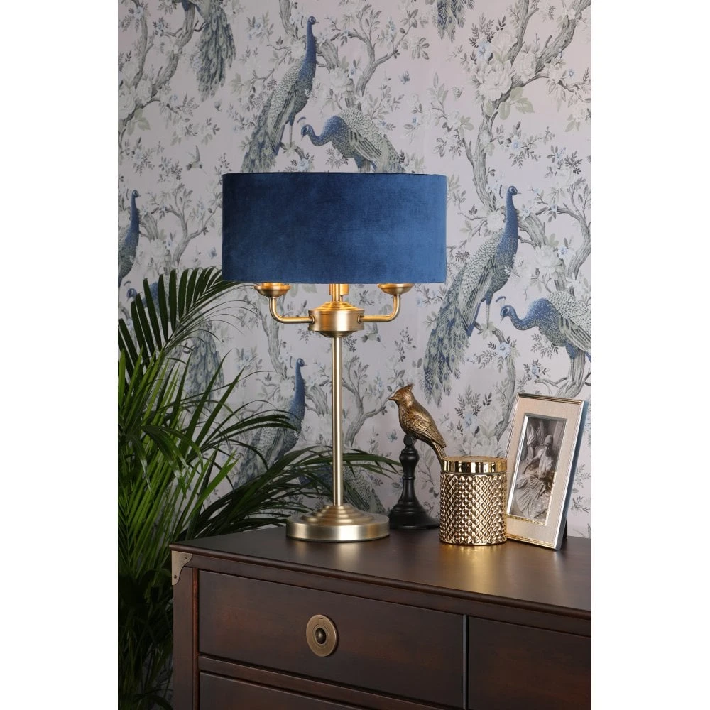 Laura Ashley SORRENTO 3 Light Table Lamp Antique Brass & Blue Shade 2 Laura Ashley SORRENTO 3 Light Table Lamp Antique Brass & Blue Shade - Image 2