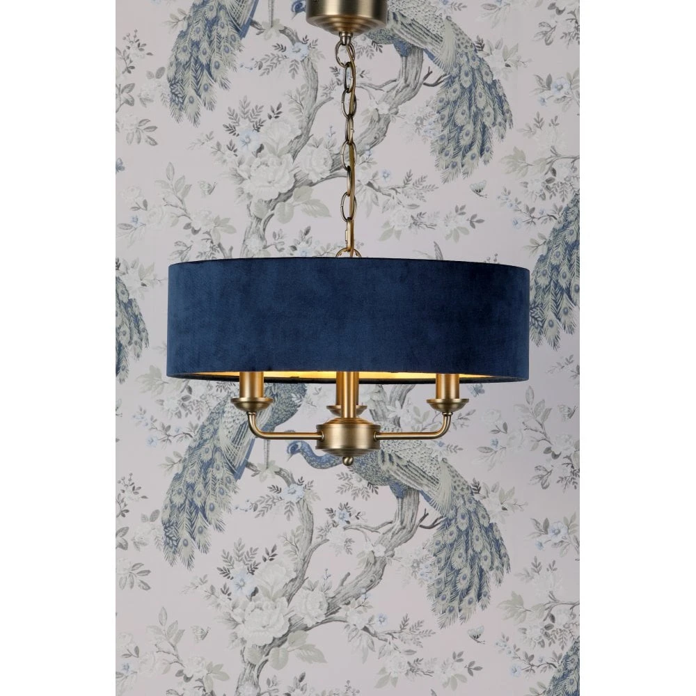 Laura Ashley SORRENTO Ceiling Pendant | Antique Brass | Wraparound Dark Blue Velvet Shade | 3 Light 2 Laura Ashley SORRENTO Ceiling Pendant | Antique Brass | Wraparound Dark Blue Velvet Shade | 3 Light - Image 2