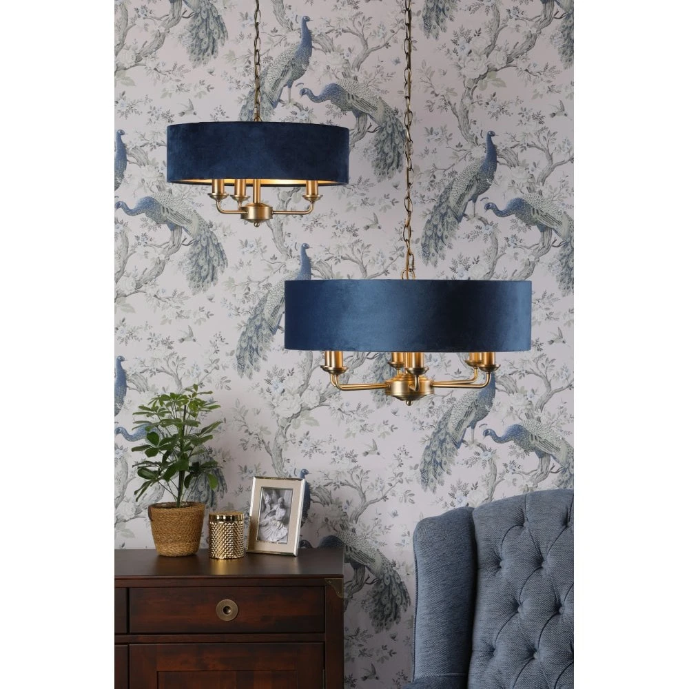 Laura Ashley SORRENTO Ceiling Pendant | Antique Brass | Wraparound Dark Blue Velvet Shade | 3 Light 3 Laura Ashley SORRENTO Ceiling Pendant | Antique Brass | Wraparound Dark Blue Velvet Shade | 3 Light - Image 3