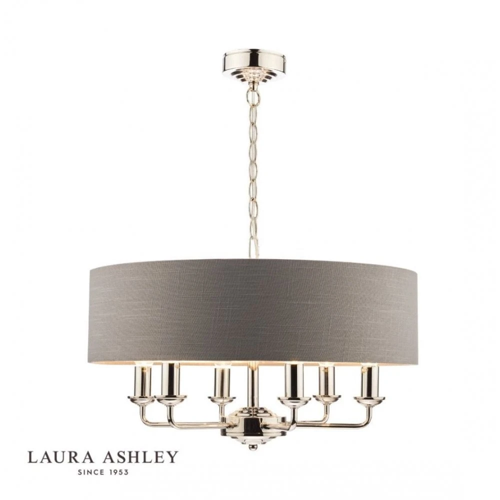 Laura Ashley SORRENTO Polished Nickel 6 Light Armed Fitting Ceiling Light With Charcoal Shade 1 Laura Ashley SORRENTO Polished Nickel 6 Light Armed Fitting Ceiling Light With Charcoal Shade