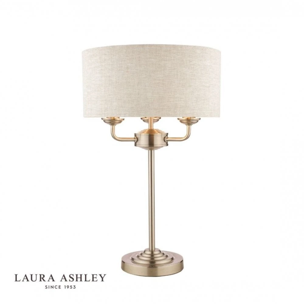 Laura Ashley SORRENTO Satin Nickel 3 Light Table Lamp | Natural Shade 1 Laura Ashley SORRENTO Satin Nickel 3 Light Table Lamp | Natural Shade